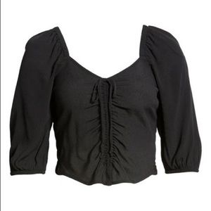 Open Edit Black Waist-Cinching Puff Sleeve Smocked Peasant Blouse (Small 4/6)